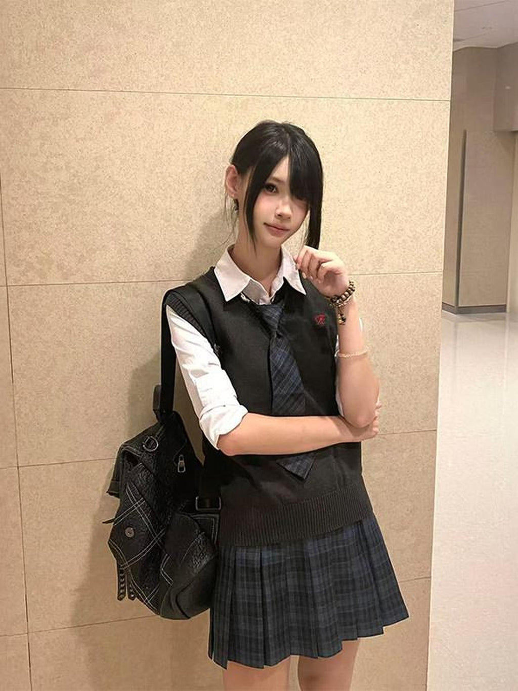 Sweet Kawaii JK Jk Plaid Layered Vest Blazer Long Sleeve Shirt Tie Women's Polyester Skirt Sets