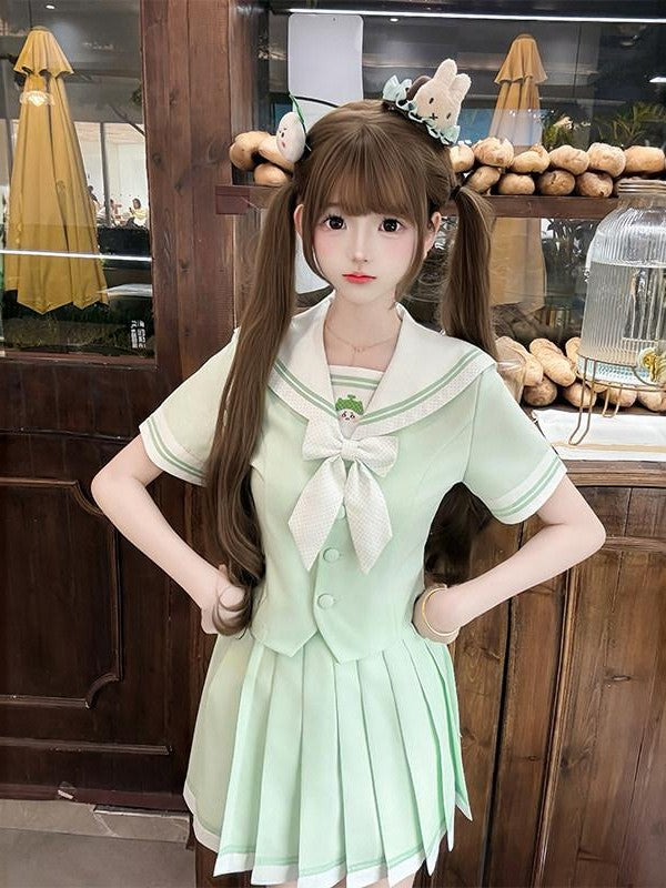 Sweet Kawaii JK Jk Sailor Cinched Waist Short Sleeve Women's Polyester Skirt Sets