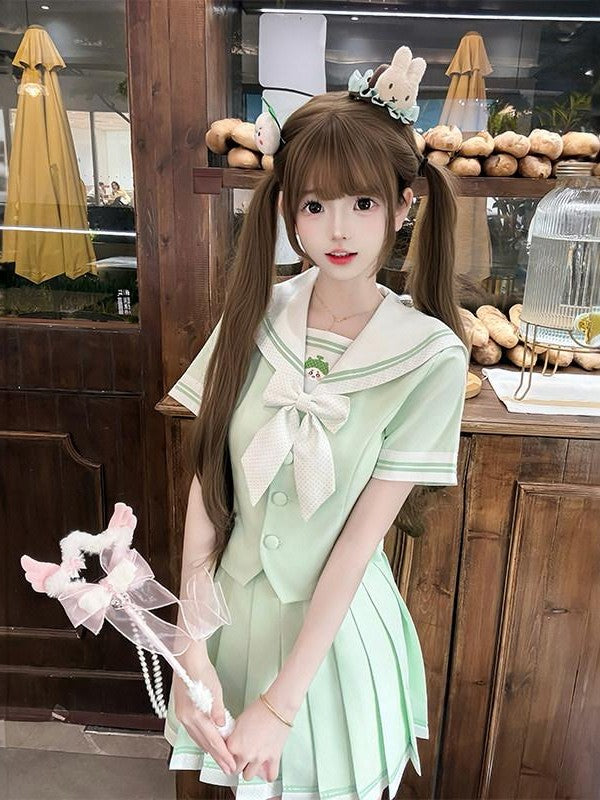 Sweet Kawaii JK Jk Sailor Cinched Waist Short Sleeve Women's Polyester Skirt Sets