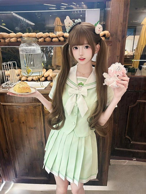Sweet Kawaii JK Jk Sailor Cinched Waist Short Sleeve Women's Polyester Skirt Sets