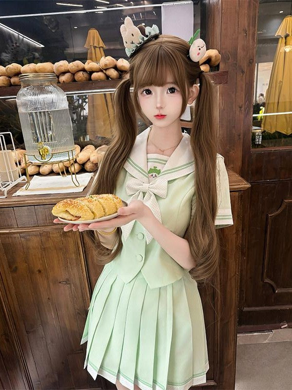 Sweet Kawaii JK Jk Sailor Cinched Waist Short Sleeve Women's Polyester Skirt Sets