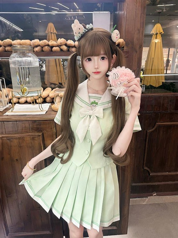 Sweet Kawaii JK Jk Sailor Cinched Waist Short Sleeve Women's Polyester Skirt Sets