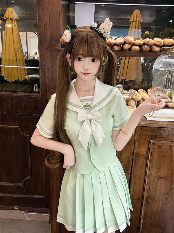 Sweet Kawaii JK Jk Sailor Cinched Waist Short Sleeve Women's Polyester Skirt Sets