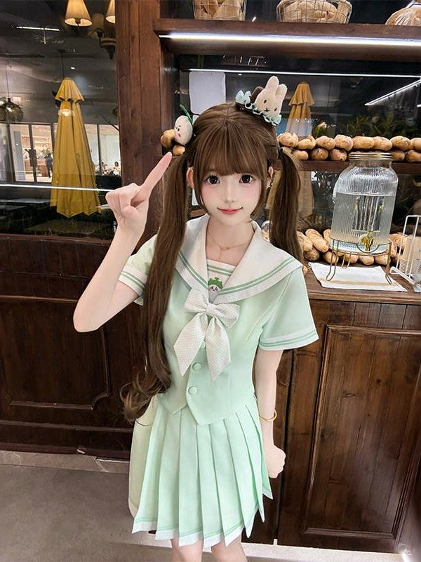 Sweet Kawaii JK Jk Sailor Cinched Waist Short Sleeve Women's Polyester Skirt Sets