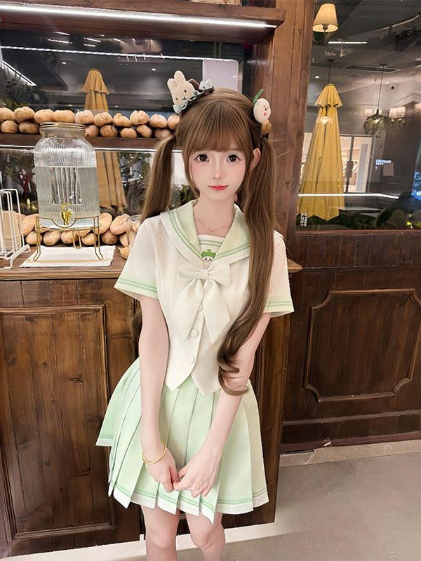Sweet Kawaii JK Jk Sailor Cinched Waist Short Sleeve Women's Polyester Skirt Sets