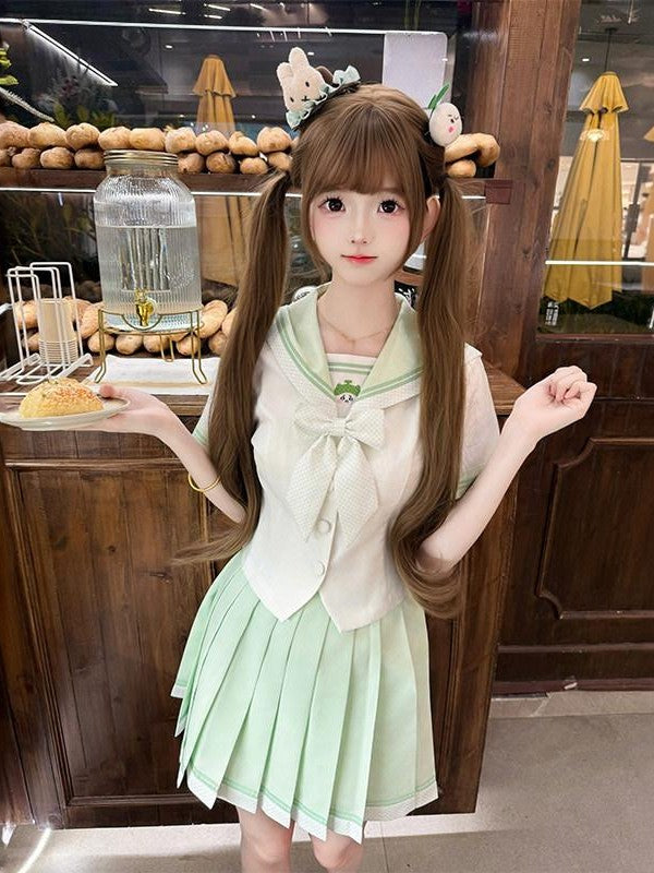 Sweet Kawaii JK Jk Sailor Cinched Waist Short Sleeve Women's Polyester Skirt Sets