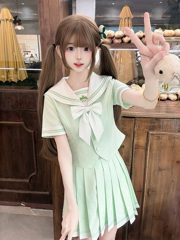 Sweet Kawaii JK Jk Sailor Cinched Waist Short Sleeve Women's Polyester Skirt Sets
