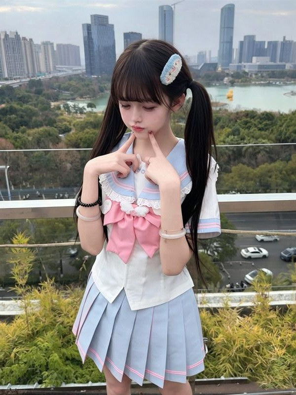 Sweet Kawaii JK Jk Sailor Collar Pleated Short Skirt Cinched Waist Women's Polyester Skirt Sets