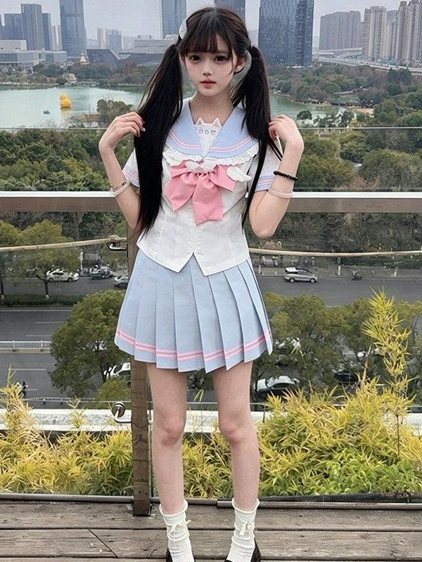 Sweet Kawaii JK Jk Sailor Collar Pleated Short Skirt Cinched Waist Women's Polyester Skirt Sets