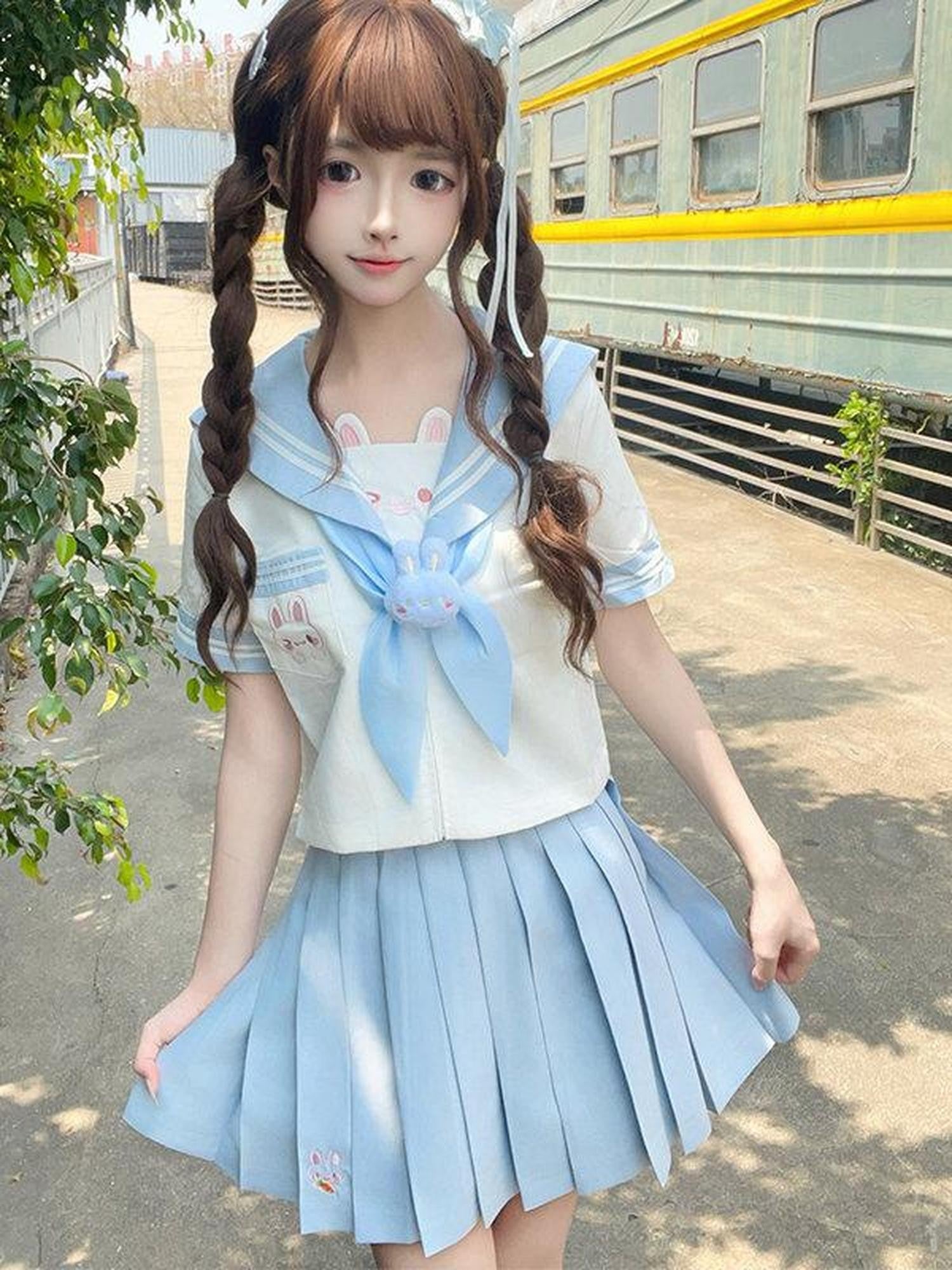 Sweet Kawaii JK Jk Sailor Collar Short Sleeve School Uniform Women's Polyester Skirt Sets