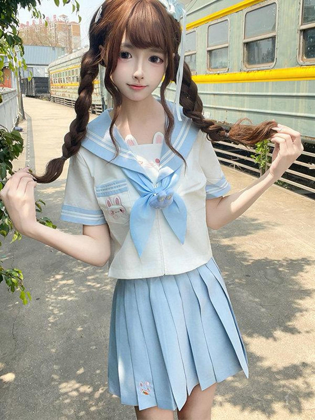 Sweet Kawaii JK Jk Sailor Collar Short Sleeve School Uniform Women's Polyester Skirt Sets