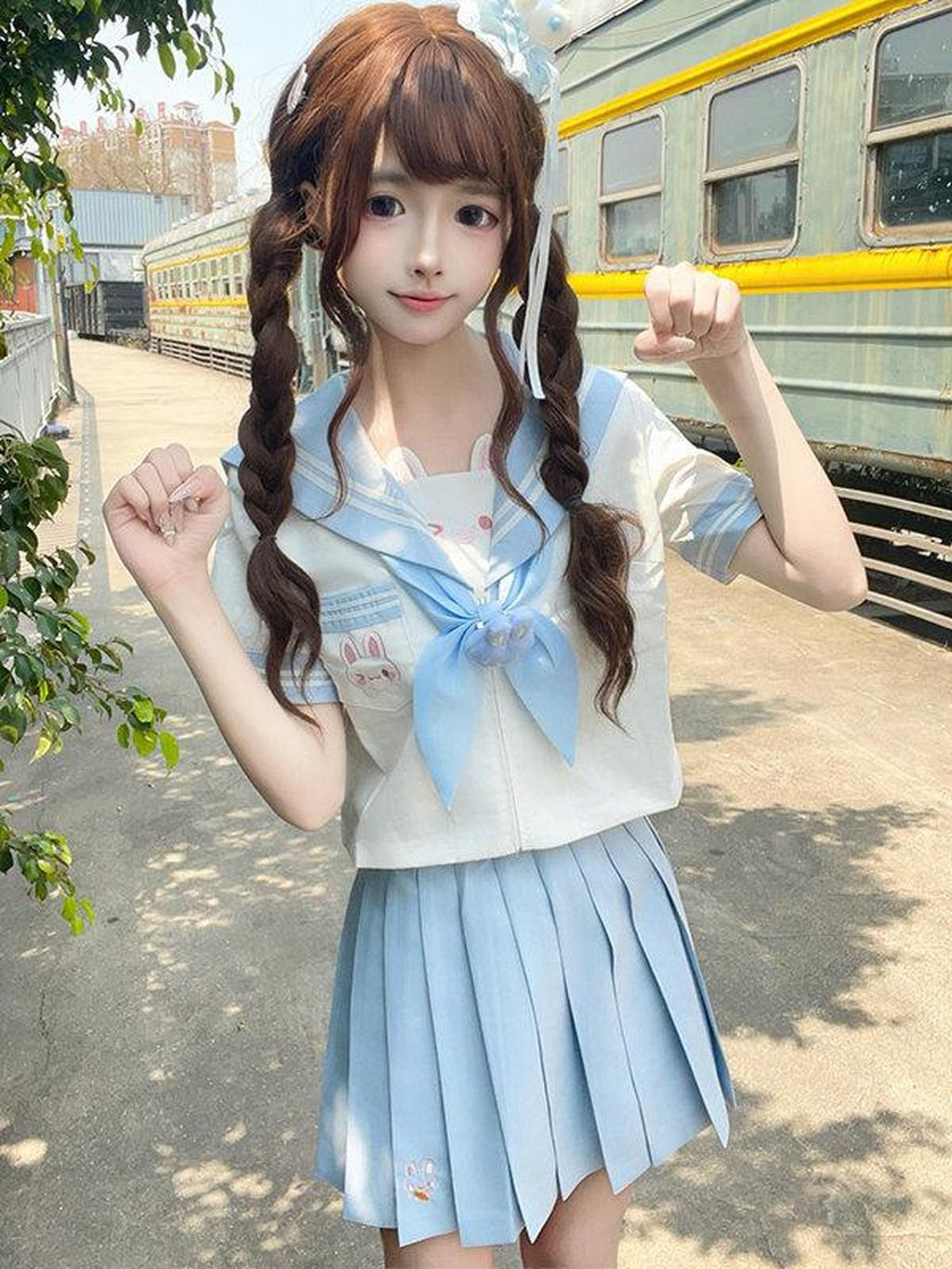 Sweet Kawaii JK Jk Sailor Collar Short Sleeve School Uniform Women's Polyester Skirt Sets