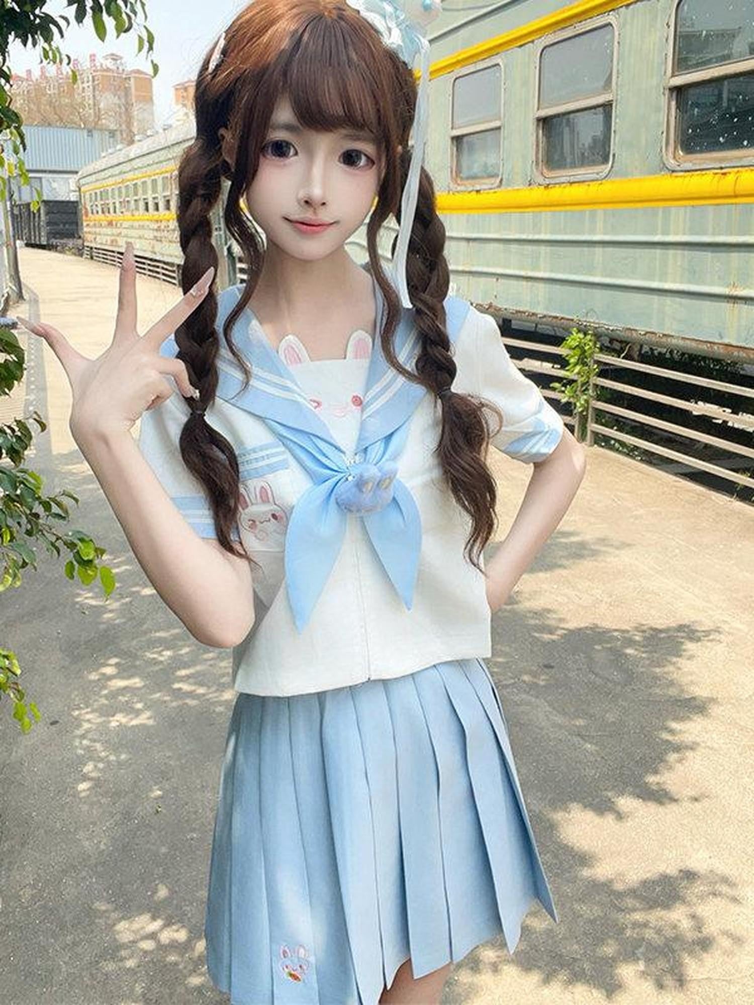 Sweet Kawaii JK Jk Sailor Collar Short Sleeve School Uniform Women's Polyester Skirt Sets