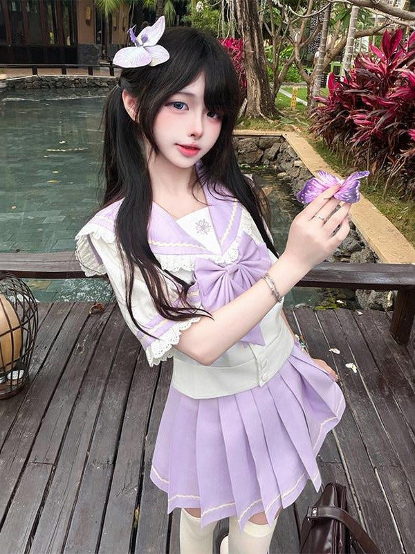 Sweet Kawaii JK Jk Sailor Collar Short Sleeve Short Skirt Women's Polyester Skirt Sets
