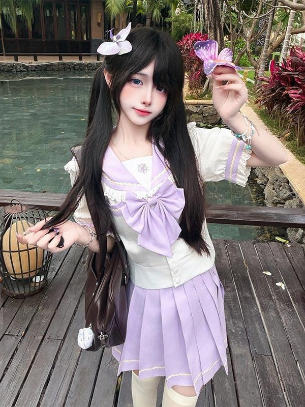 Sweet Kawaii JK Jk Sailor Collar Short Sleeve Short Skirt Women's Polyester Skirt Sets