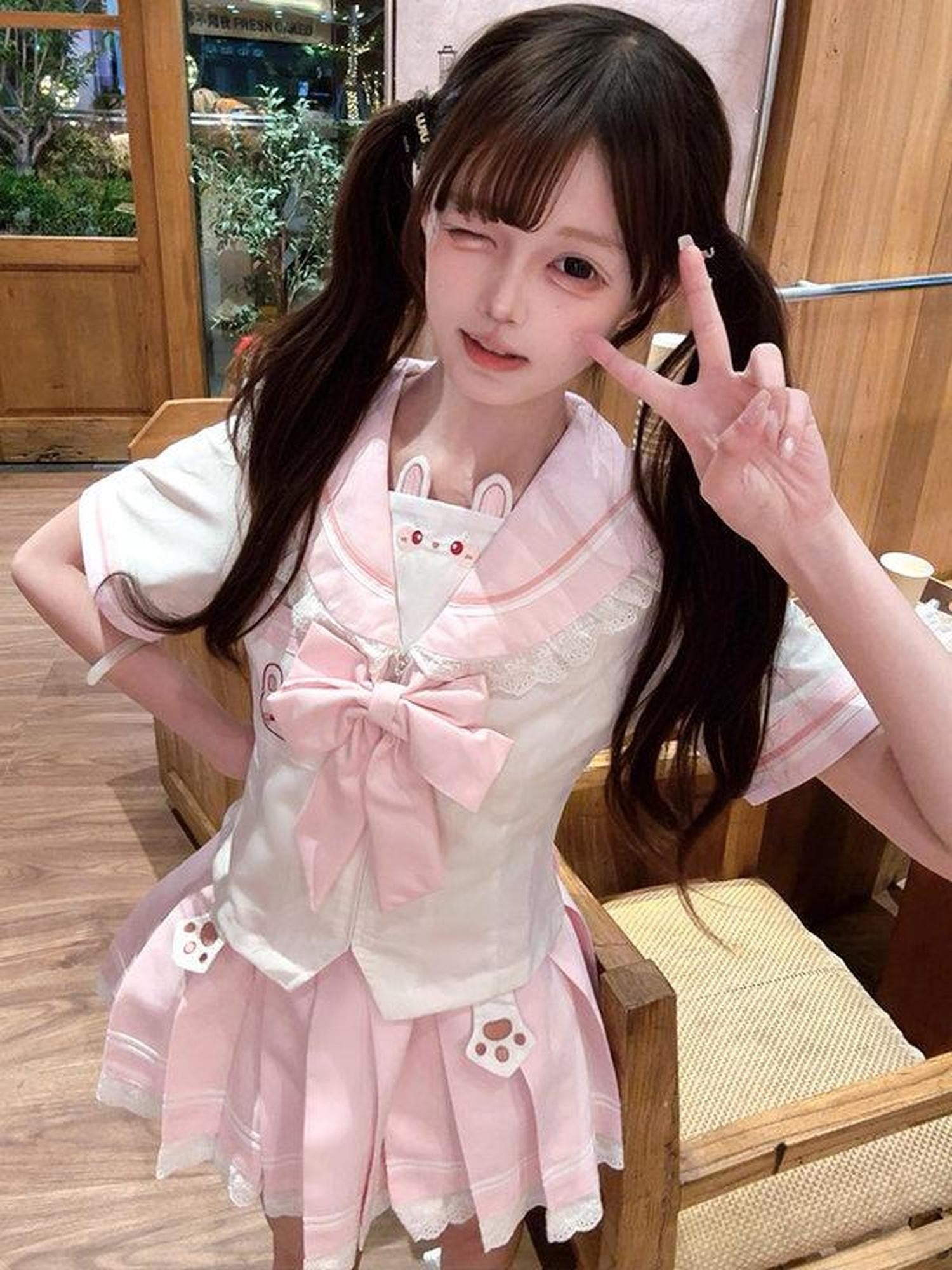 Sweet Kawaii JK Jk Sailor Collar Waist Cinched Short Sleeve Women's Polyester Skirt Sets