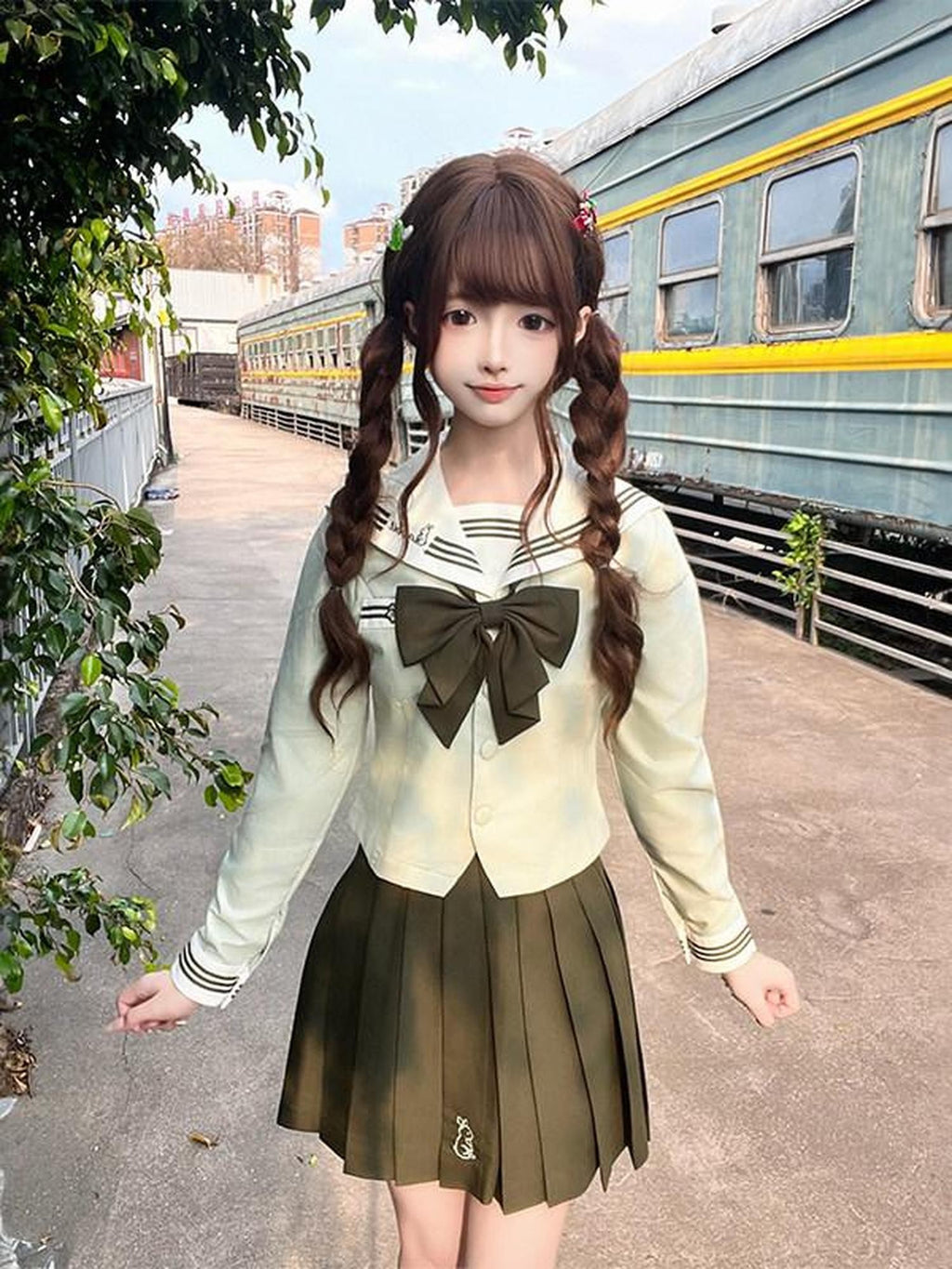 Sweet Kawaii JK Jk Sailor Lapel Bow Tie Waist Cinched Women's Polyester Skirt Sets