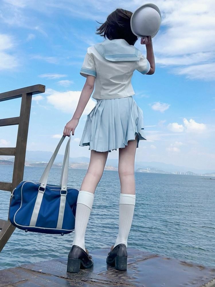 Sweet Kawaii JK Jk Sailor Lapel Bow Tie Waist Cinched Women's Polyester Skirt Sets