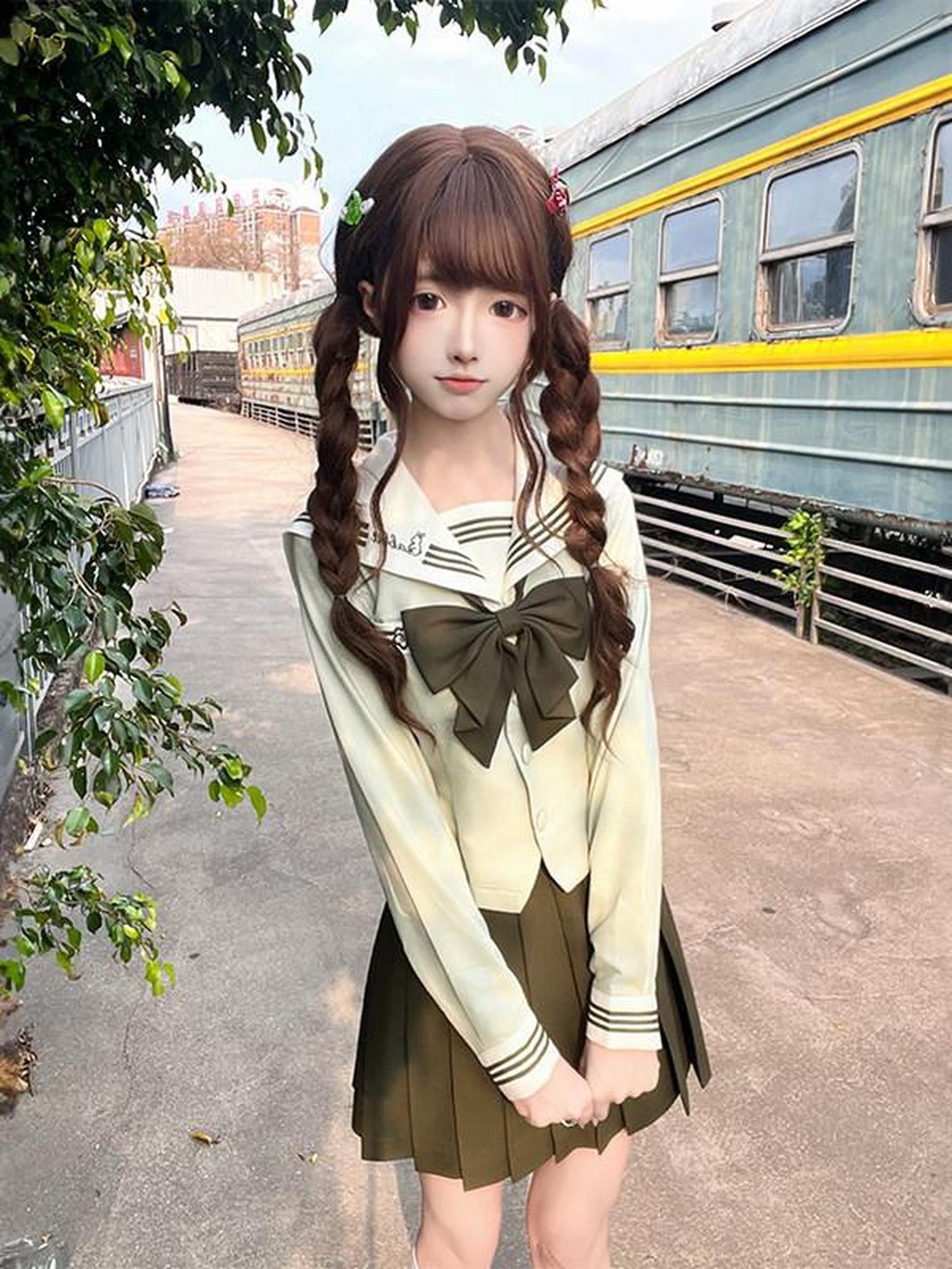 Sweet Kawaii JK Jk Sailor Lapel Bow Tie Waist Cinched Women's Polyester Skirt Sets