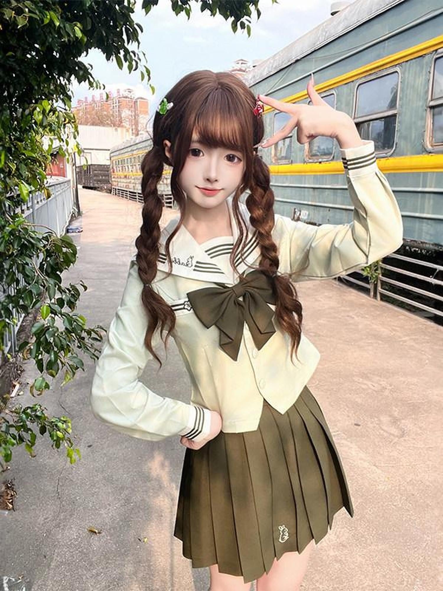 Sweet Kawaii JK Jk Sailor Lapel Bow Tie Waist Cinched Women's Polyester Skirt Sets