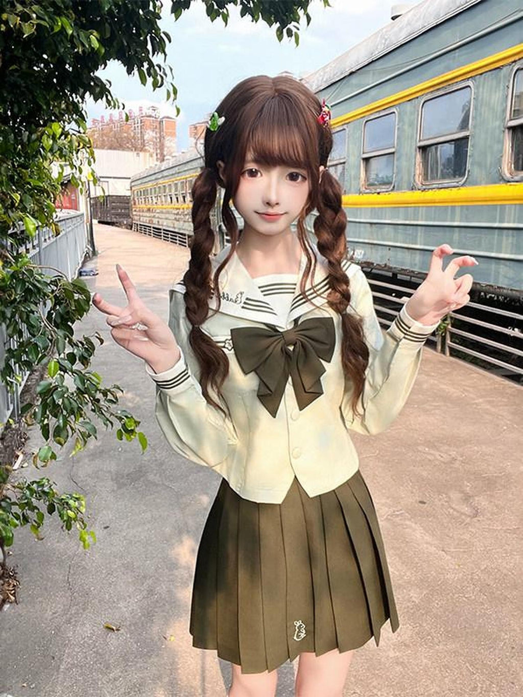 Sweet Kawaii JK Jk Sailor Lapel Bow Tie Waist Cinched Women's Polyester Skirt Sets