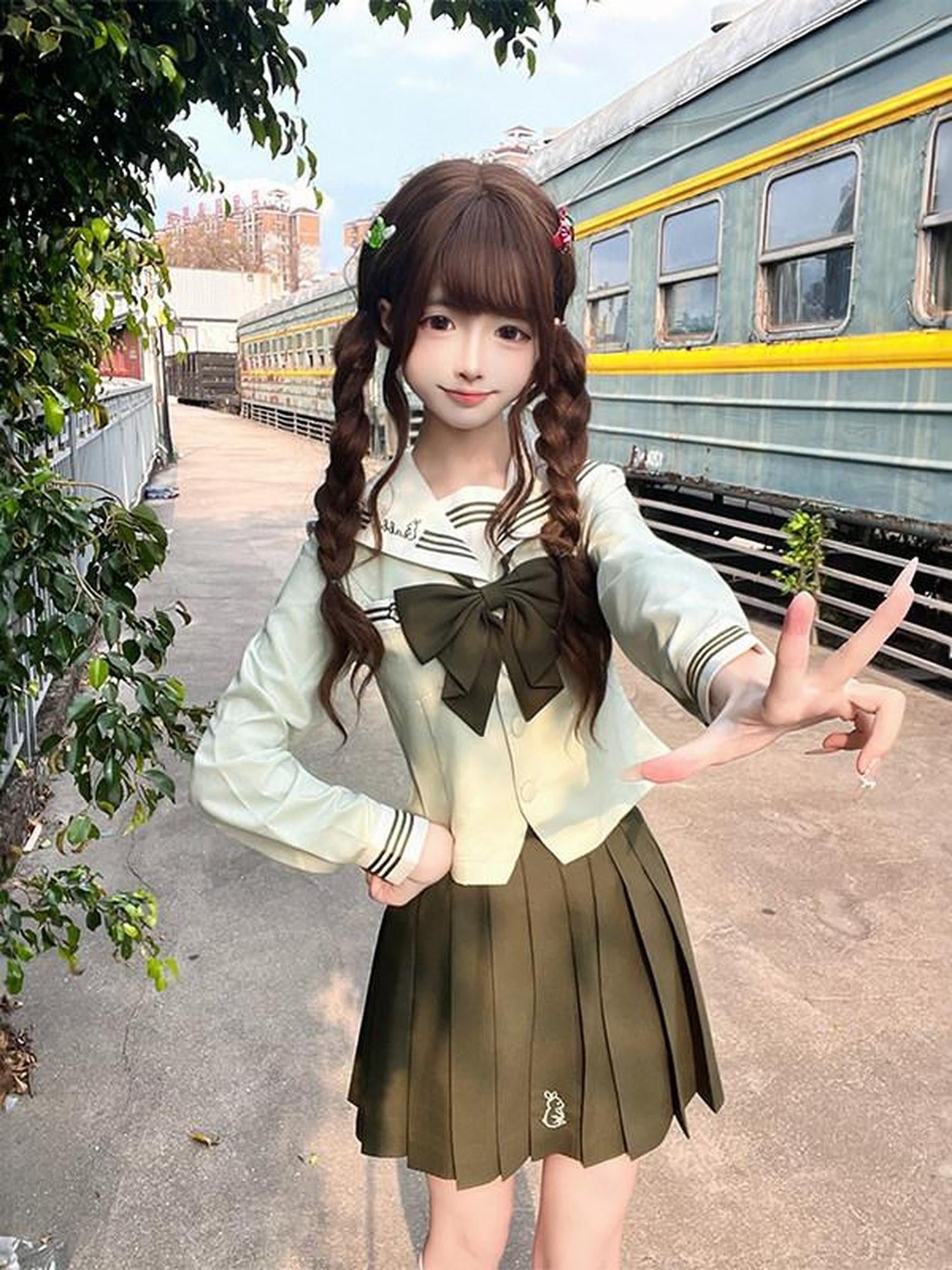 Sweet Kawaii JK Jk Sailor Lapel Bow Tie Waist Cinched Women's Polyester Skirt Sets