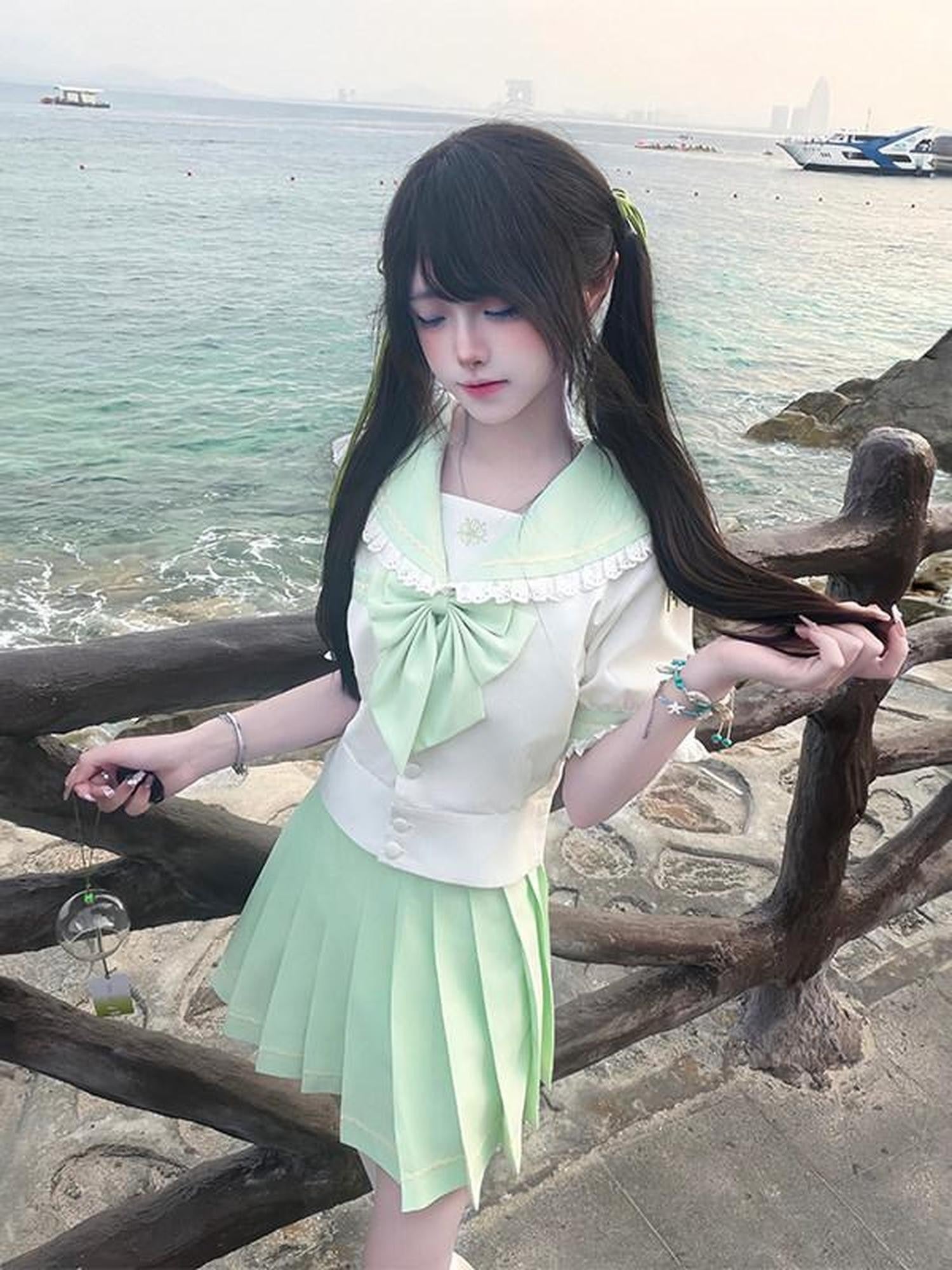 Sweet Kawaii JK Jk Sailor Lapel Short Sleeve School Uniform Women's Polyester Skirt Sets