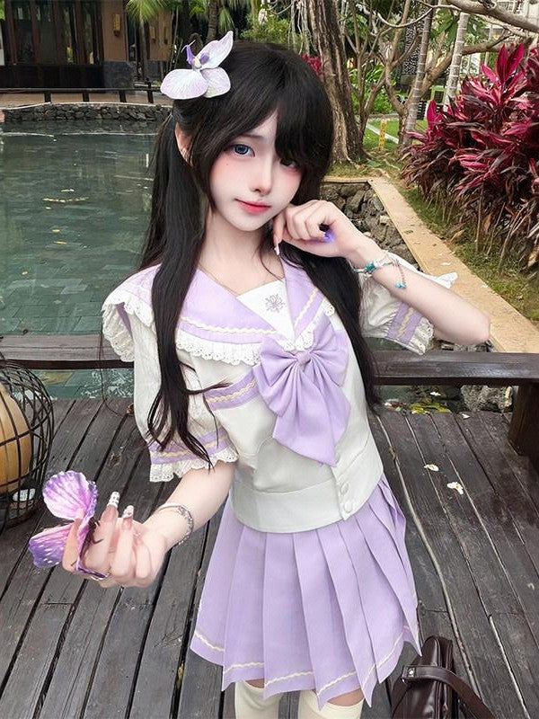 Sweet Kawaii JK Jk Sailor Lapel Short Sleeve School Uniform Women's Polyester Skirt Sets