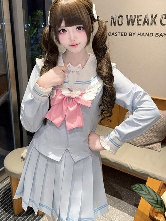 Sweet Kawaii JK Kawaii Cinched Waist Sailor Pleated Collar Bow Women's Polyester Skirt Sets