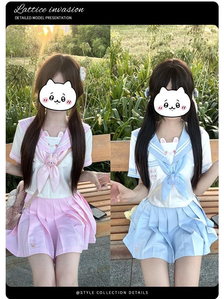 Sweet Kawaii JK Kawaii Jk Sailor Collar Short Sleeve Short Skirt Bow Women's Skirt Sets