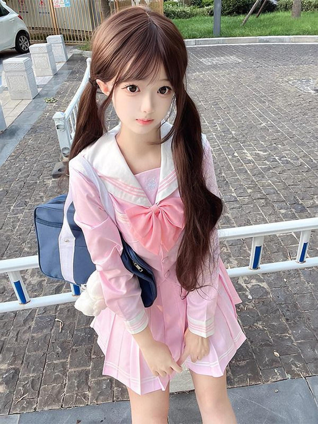 Sweet Kawaii JK Light Blue Cinched Waist Short Sleeve Sailor Jk Women's Polyester Skirt Sets