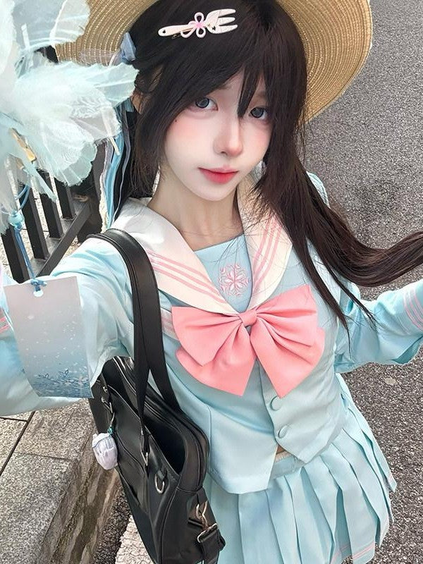 Sweet Kawaii JK Light Blue Cinched Waist Short Sleeve Sailor Jk Women's Polyester Skirt Sets