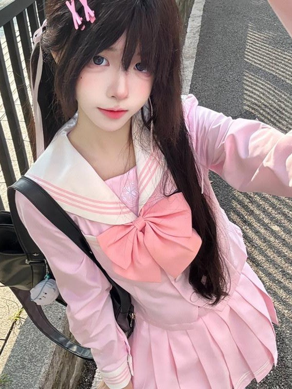 Sweet Kawaii JK Light Blue Sailor Jk Long Sleeve Waist Cinch Lapel Women's Polyester Skirt Sets