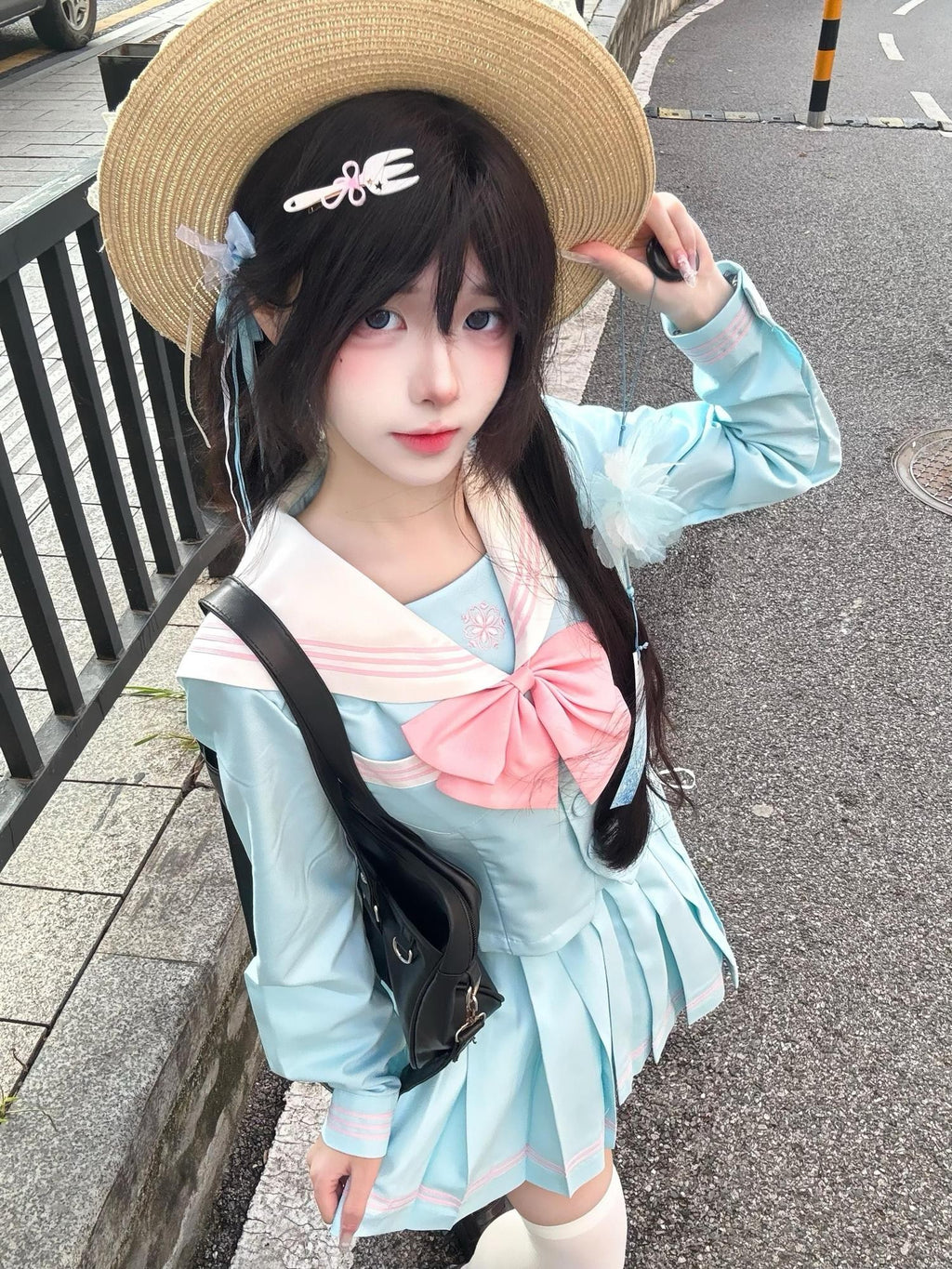 Sweet Kawaii JK Light Blue Sailor Jk Long Sleeve Waist Cinch Lapel Women's Polyester Skirt Sets