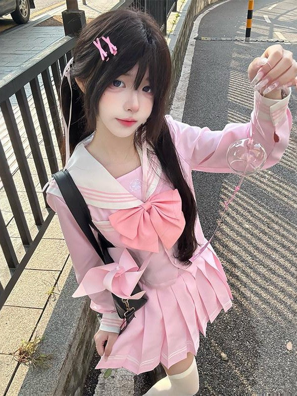 Sweet Kawaii JK Light Blue Sailor Jk Long Sleeve Waist Cinch Lapel Women's Polyester Skirt Sets