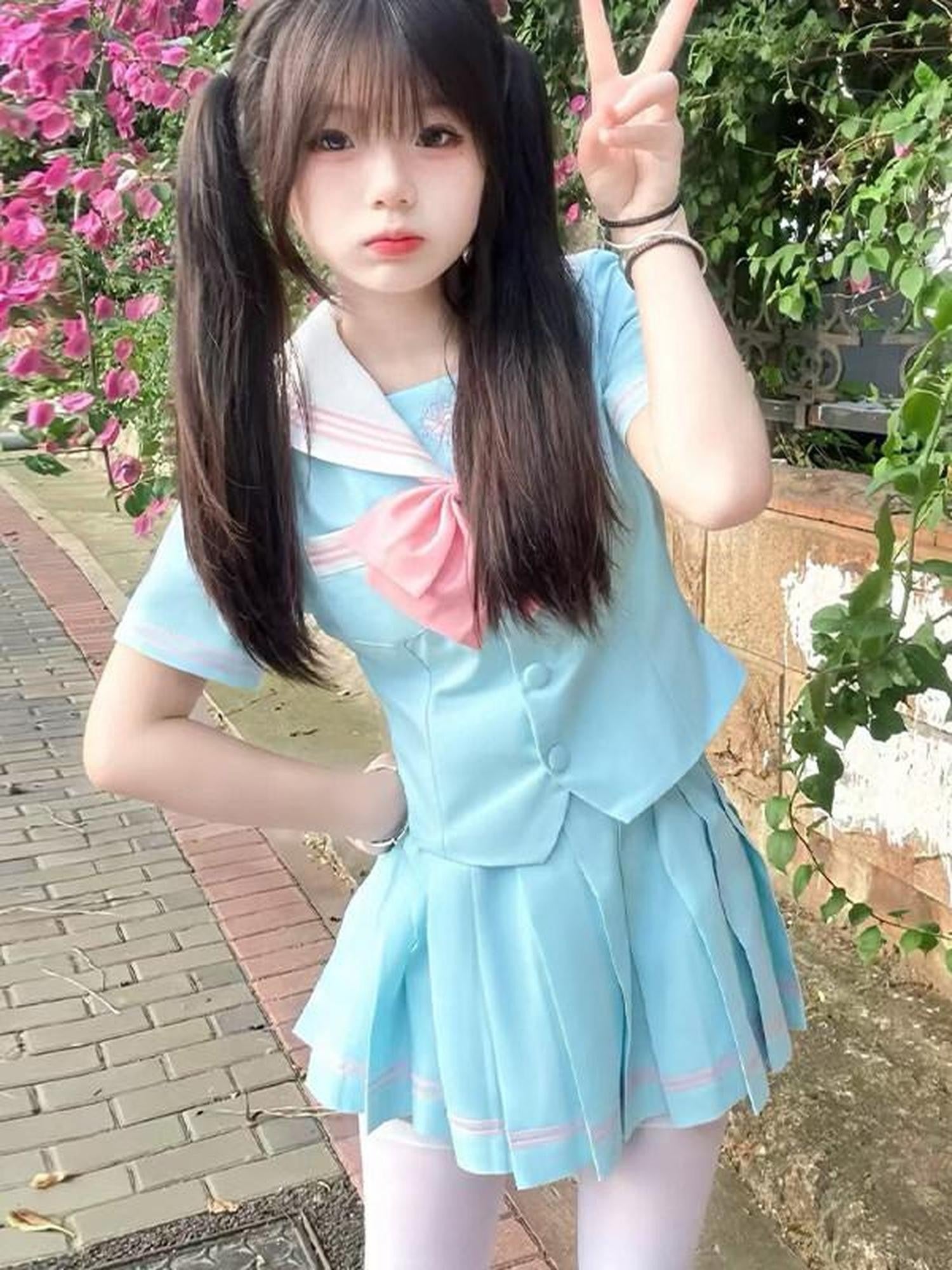 Sweet Kawaii JK Light Blue Sakura Print Sailor Collar Short Sleeve Bow Tie Women's Skirt Sets