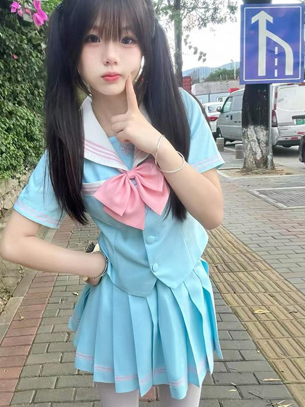 Sweet Kawaii JK Light Blue Sakura Print Sailor Collar Short Sleeve Bow Tie Women's Skirt Sets