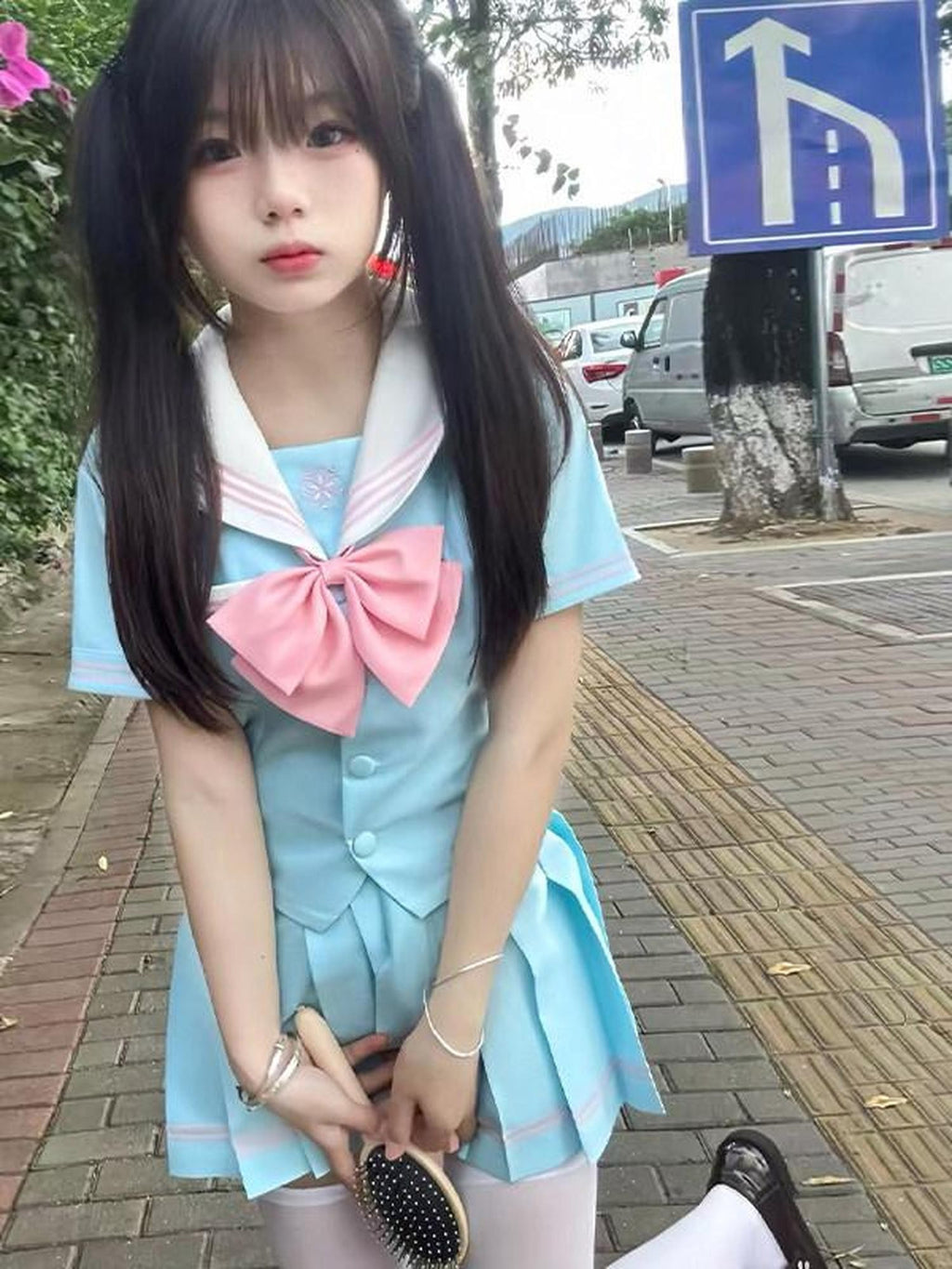 Sweet Kawaii JK Light Blue Sakura Print Sailor Collar Short Sleeve Bow Tie Women's Skirt Sets