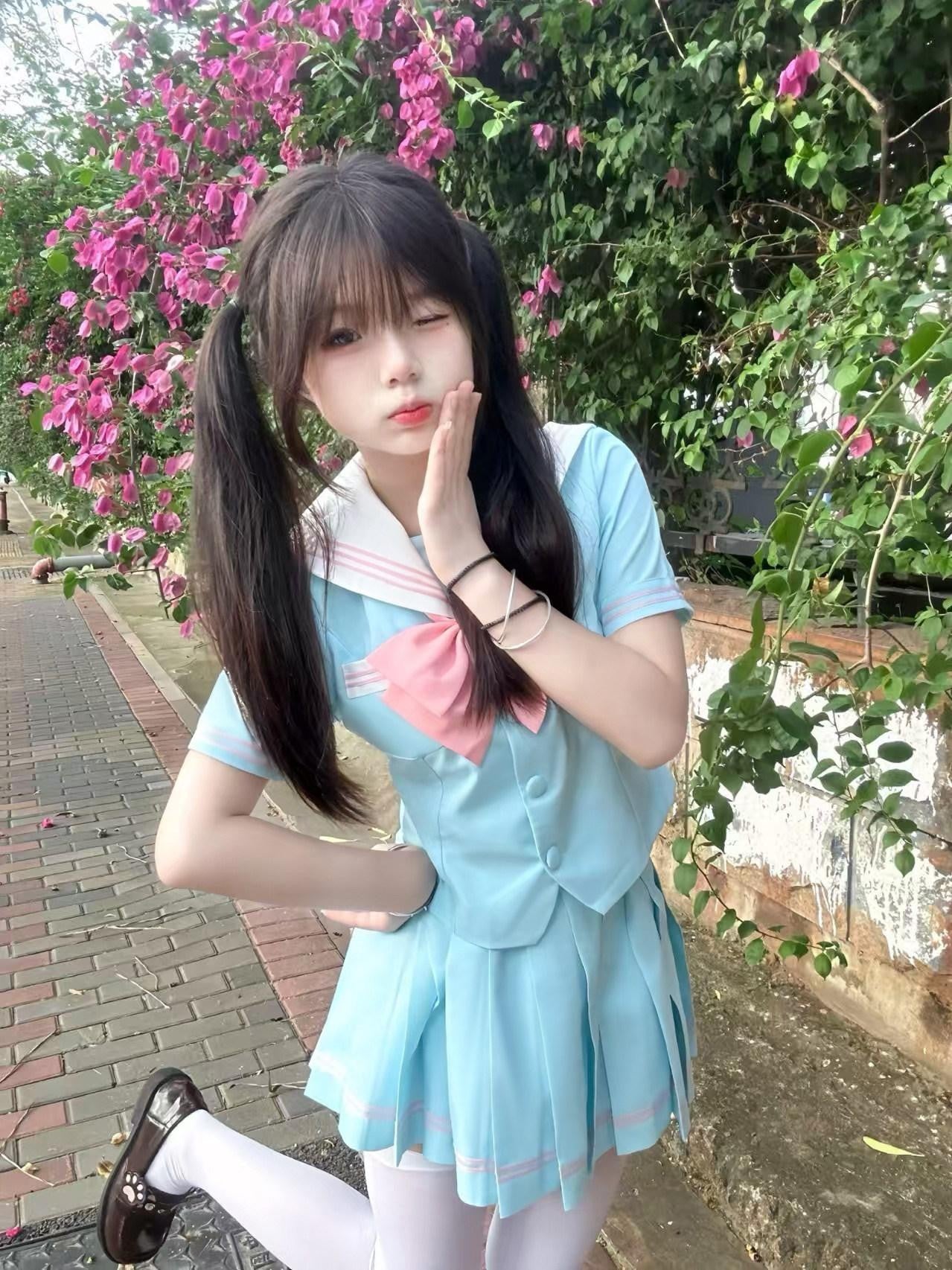 Sweet Kawaii JK Light Blue Sakura Print Sailor Collar Short Sleeve Bow Tie Women's Skirt Sets