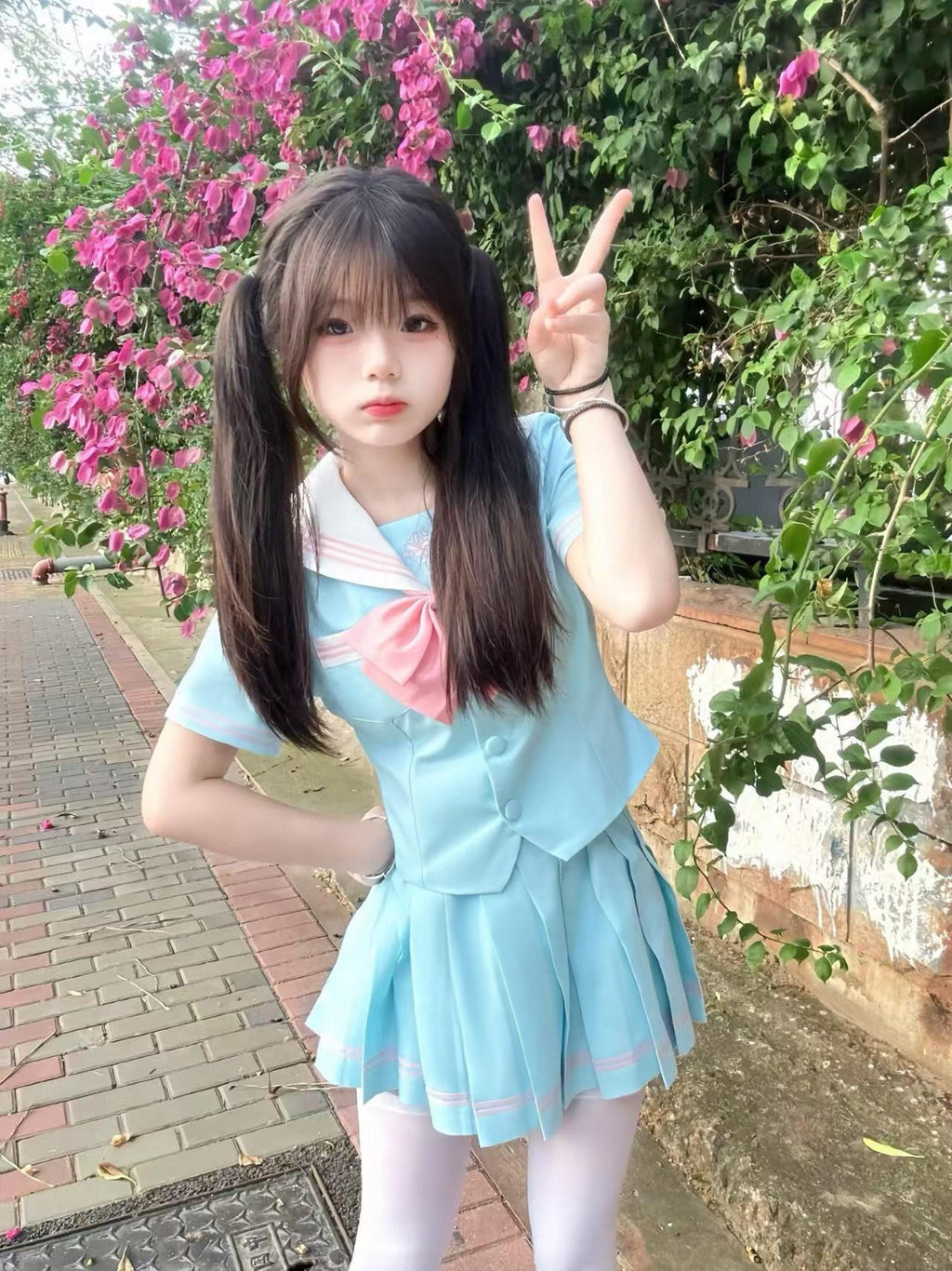 Sweet Kawaii JK Light Blue Sakura Print Sailor Collar Short Sleeve Bow Tie Women's Skirt Sets