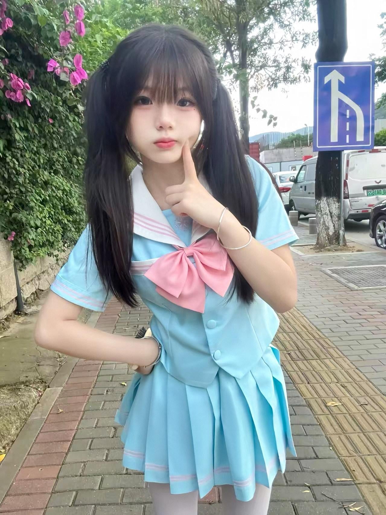 Sweet Kawaii JK Light Blue Sakura Print Sailor Collar Short Sleeve Bow Tie Women's Skirt Sets