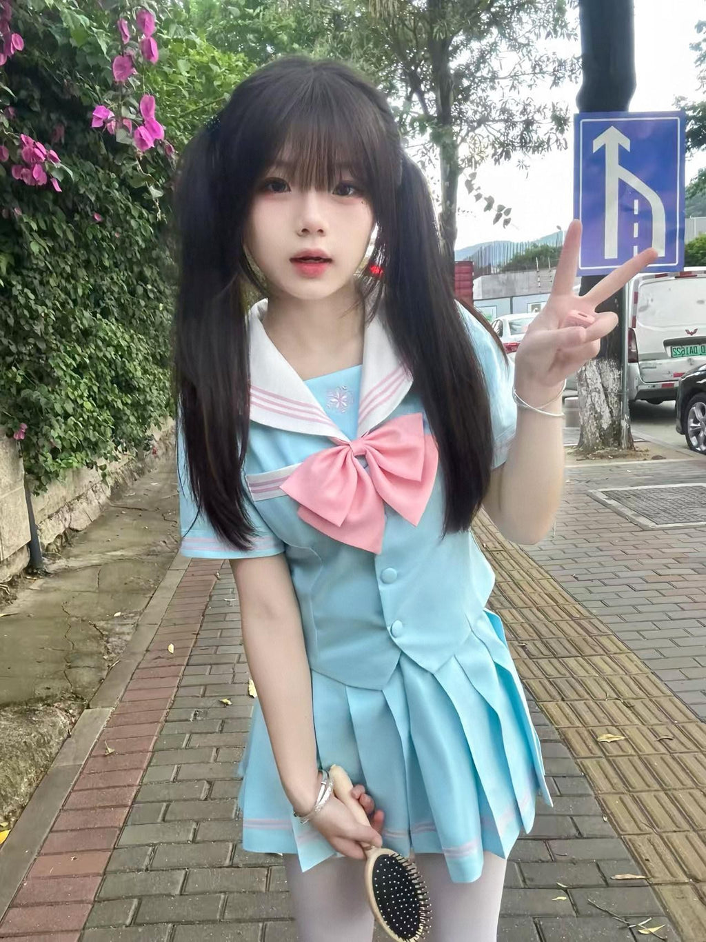 Sweet Kawaii JK Light Blue Sakura Print Sailor Collar Short Sleeve Bow Tie Women's Skirt Sets