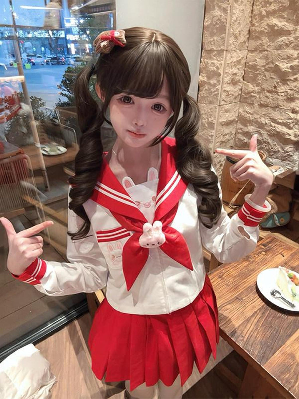 Sweet Kawaii JK Long Sleeve Sailor Collar Goldfish Bow Rabbit Charm Jk Women's Skirt Sets