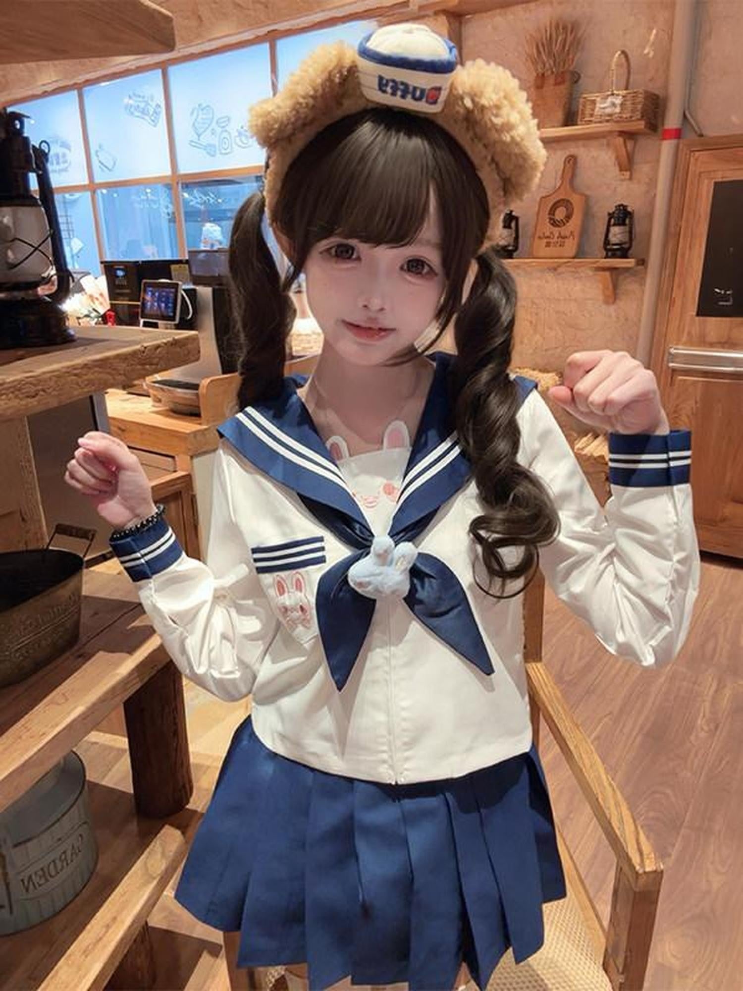 Sweet Kawaii JK Long Sleeve Sailor Collar Goldfish Bow Rabbit Charm Jk Women's Skirt Sets