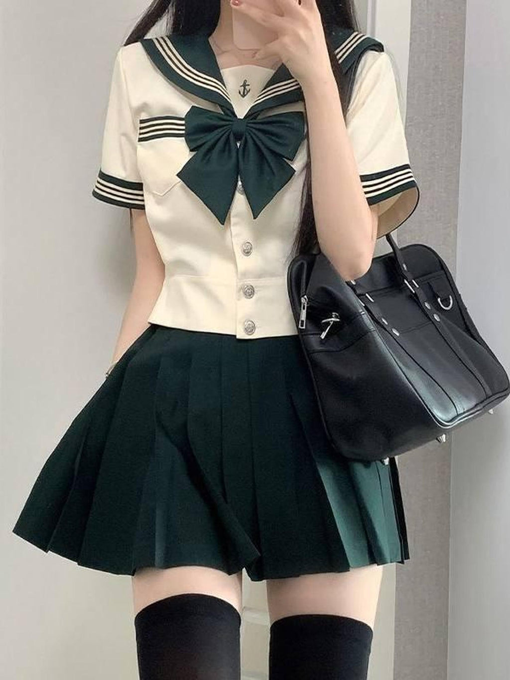 Sweet Kawaii JK Nautical Waist Cinched Sailor Pleated Short Sleeve Women's Polyester Skirt Sets