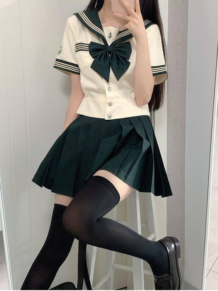Sweet Kawaii JK Nautical Waist Cinched Sailor Pleated Short Sleeve Women's Polyester Skirt Sets