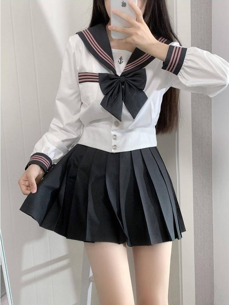 Sweet Kawaii JK Nautical Waist Cinched Sailor Pleated Short Sleeve Women's Polyester Skirt Sets