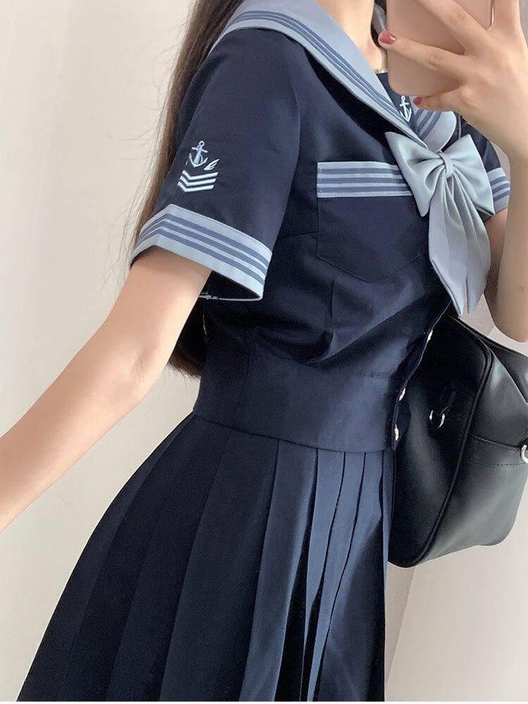 Sweet Kawaii JK Nautical Waist Cinched Sailor Pleated Short Sleeve Women's Polyester Skirt Sets