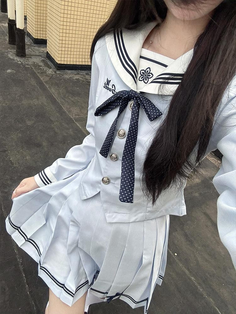 Sweet Kawaii JK Navy Polka Bow Cinched Waist Sailor Lapel Short Women's Skirt Sets