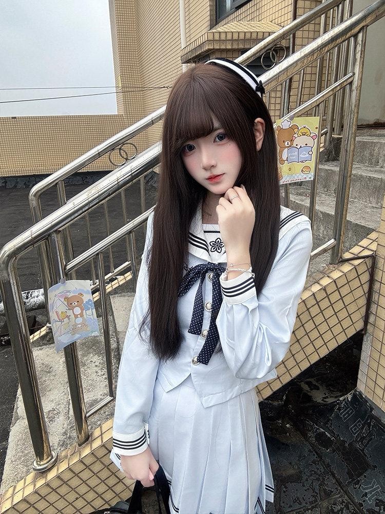 Sweet Kawaii JK Navy Polka Bow Cinched Waist Sailor Lapel Short Women's Skirt Sets